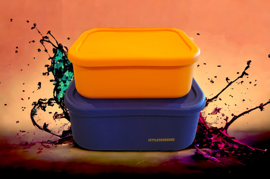 Silicone BENTO Food Storage Containers with Lids - Set of 2 Multi-Color in Canvas Bag (Purple-XL/Mustard-L)