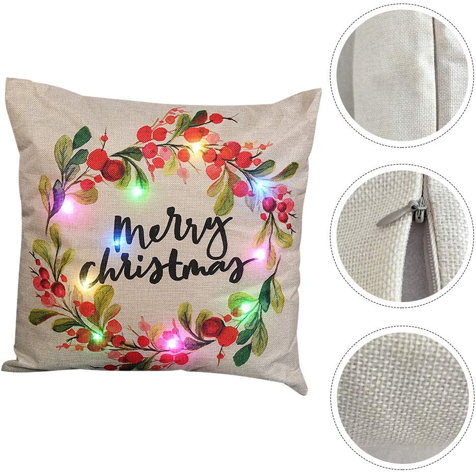 Jossiomi Decorative Christmas Wreath LED Light Up Cushion Cover