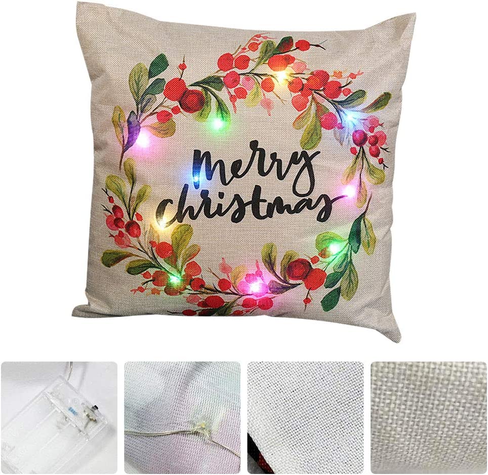 Jossiomi Decorative Christmas Wreath LED Light Up Cushion Cover