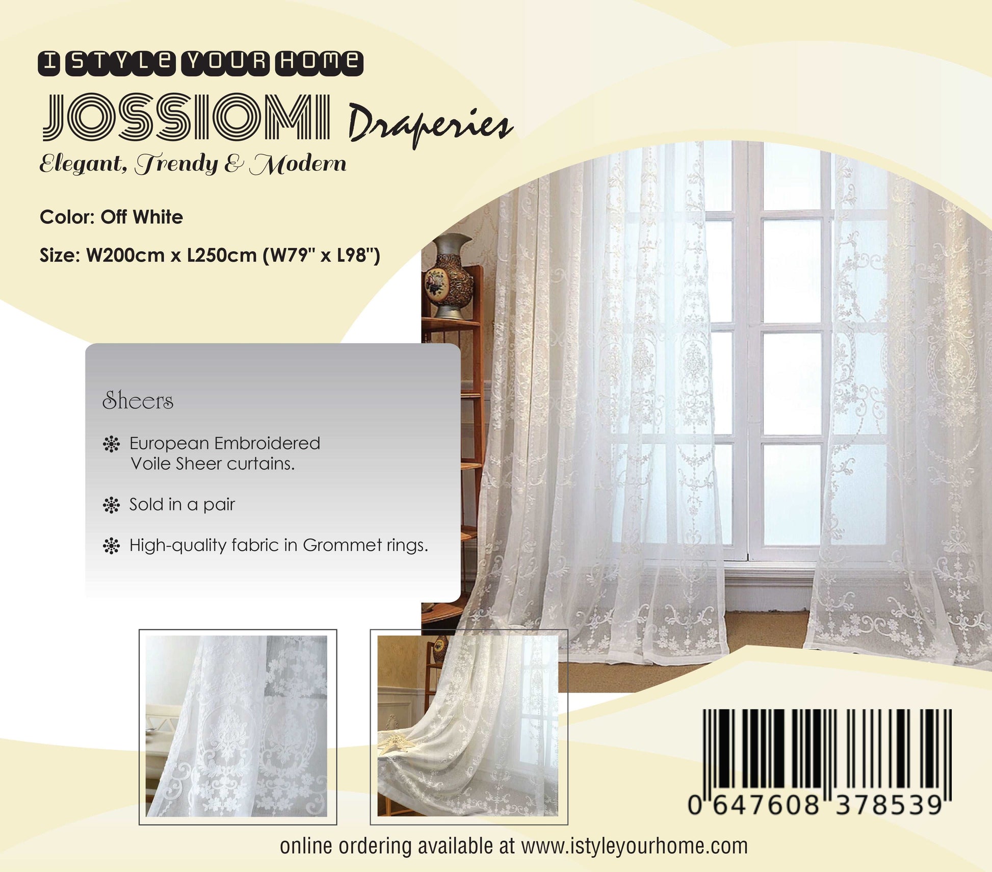 Jossiomi WIDE-WIDTH European Style Embroidered off-white Voile Sheer - Pack of 2
