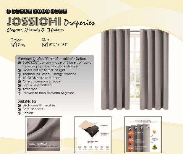 JOSSIOMI Premium High Quality Gray Thermal Plain Blackout Draperies - 4 Pack Panel