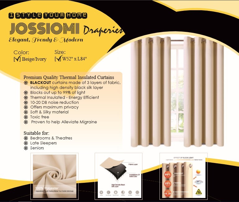 JOSSIOMI Premium High Quality Ivory Thermal Plain Blackout Draperies - 2 & 4 Pack Panels
